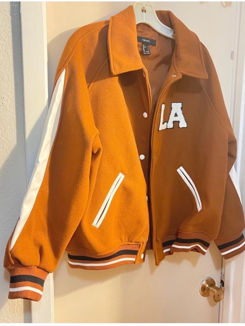 Forever 21 Burnt Orange Varsity Jacket with White Accents size L